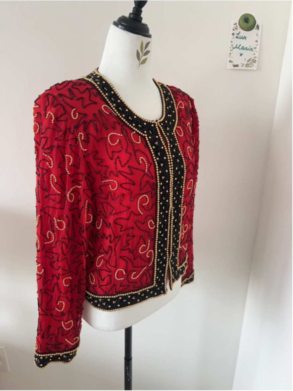 Vintage Lawrence Kazar Red Beaded Jacket Gold Embellished Evening Bolero XL - Picture 5 of 14